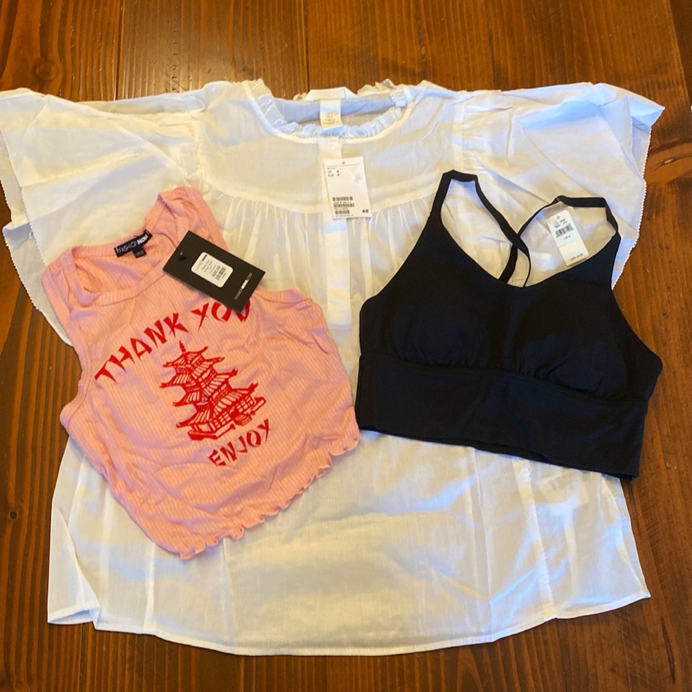 Bundle of 3 tops, H&M white blouse, Offline black top, and FashionNova pink top